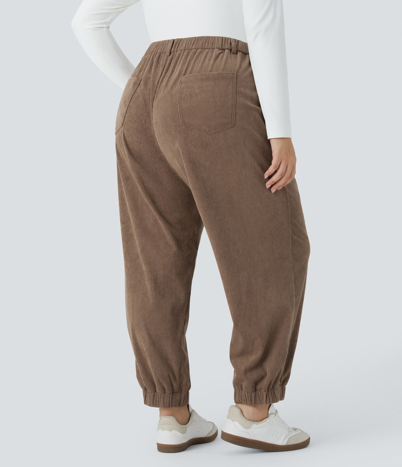 Pantalon décontracté en velours côtelé taille mi-haute grande taille avec bouton, fermeture éclair et poches multiples