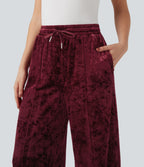 Pantalon décontracté velours jambe large taille mi-haute avec cordon de serrage et poches