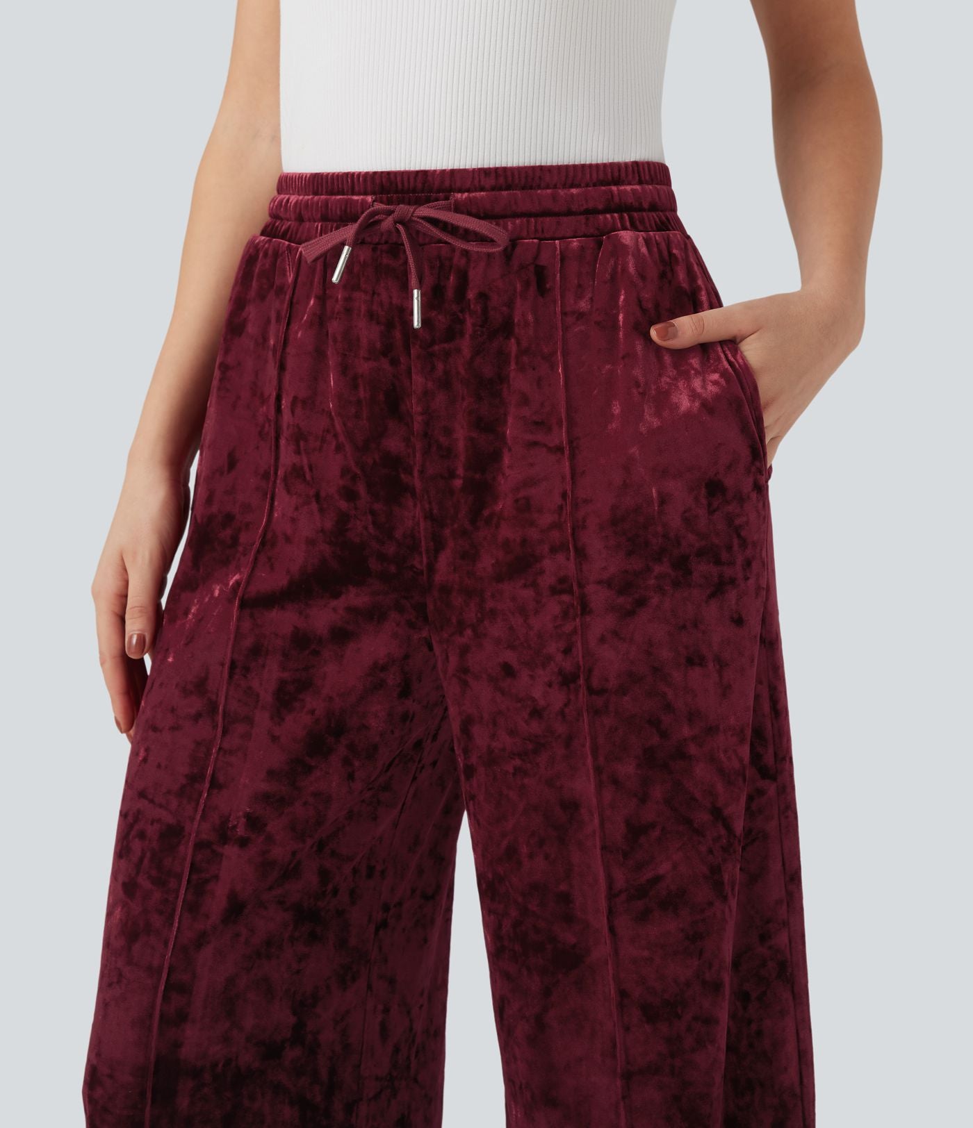 Pantalon décontracté velours jambe large taille mi-haute avec cordon de serrage et poches