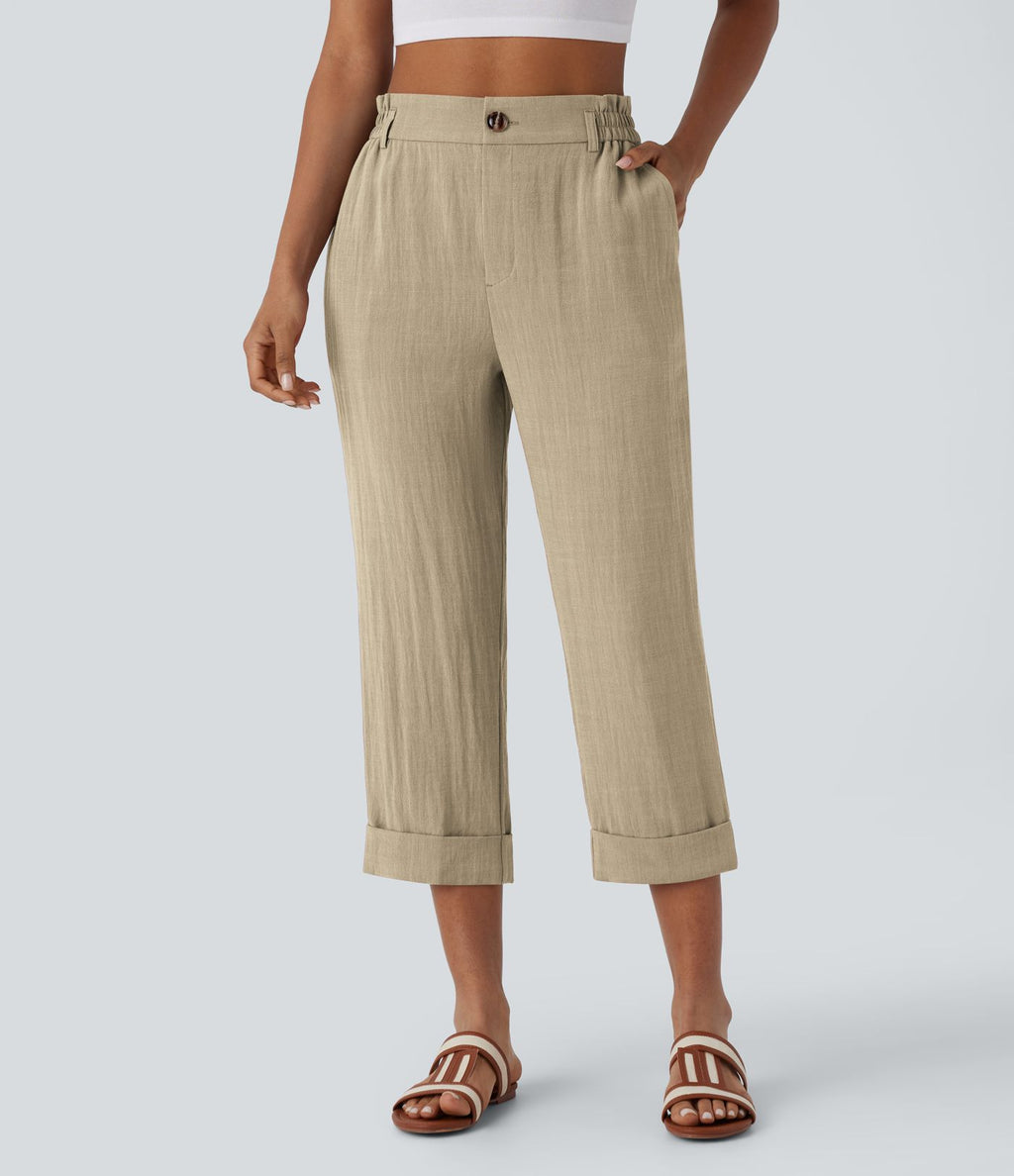 Pantalon capri effet lin taille haute avec poches zippées