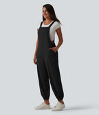 Salopette casual fuselée col carré en tissu gaufré avec poches
