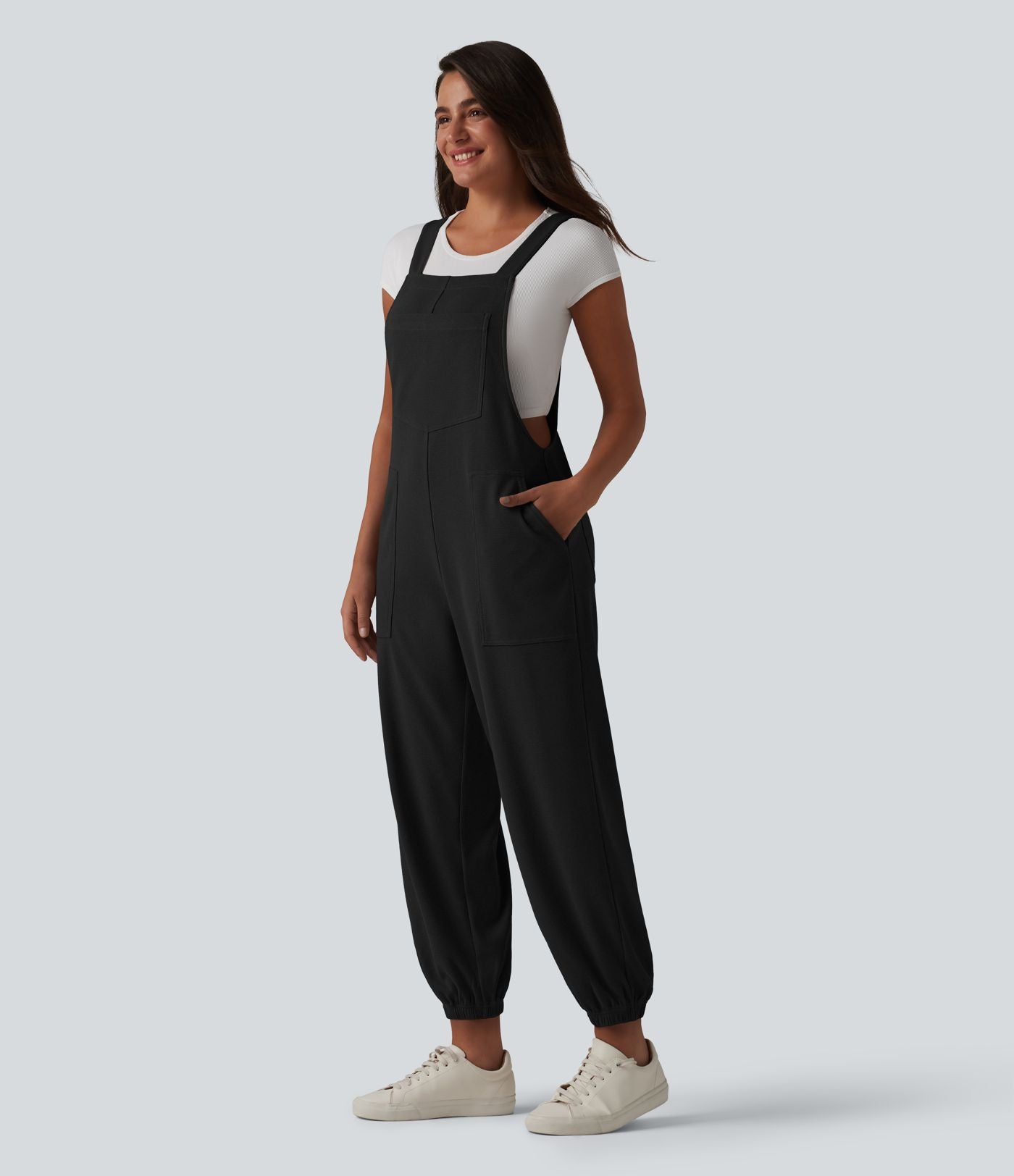 Salopette casual fuselée col carré en tissu gaufré avec poches