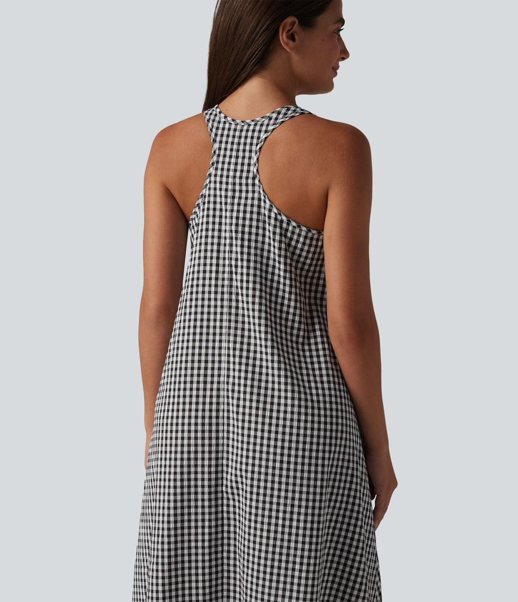 Robe midi resort fluide à carreaux vichy dos nu dos nageur coupe asymétrique avec soutien-gorge intégré et poches