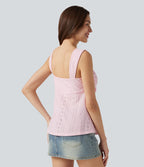 Débardeur décontracté froncé avec cordon de serrage, broderie anglaise et soutien-gorge intégré