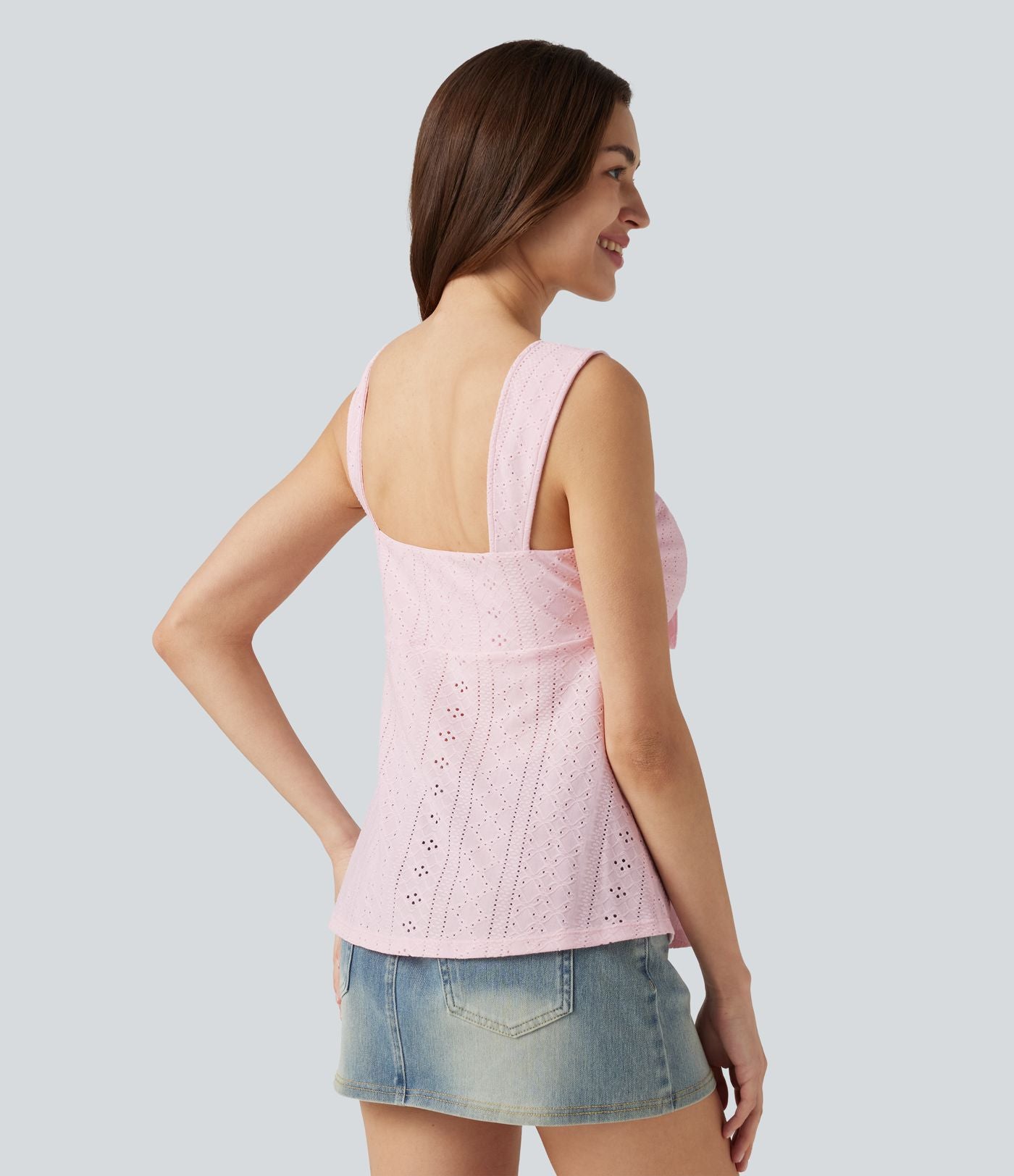Débardeur décontracté froncé avec cordon de serrage, broderie anglaise et soutien-gorge intégré