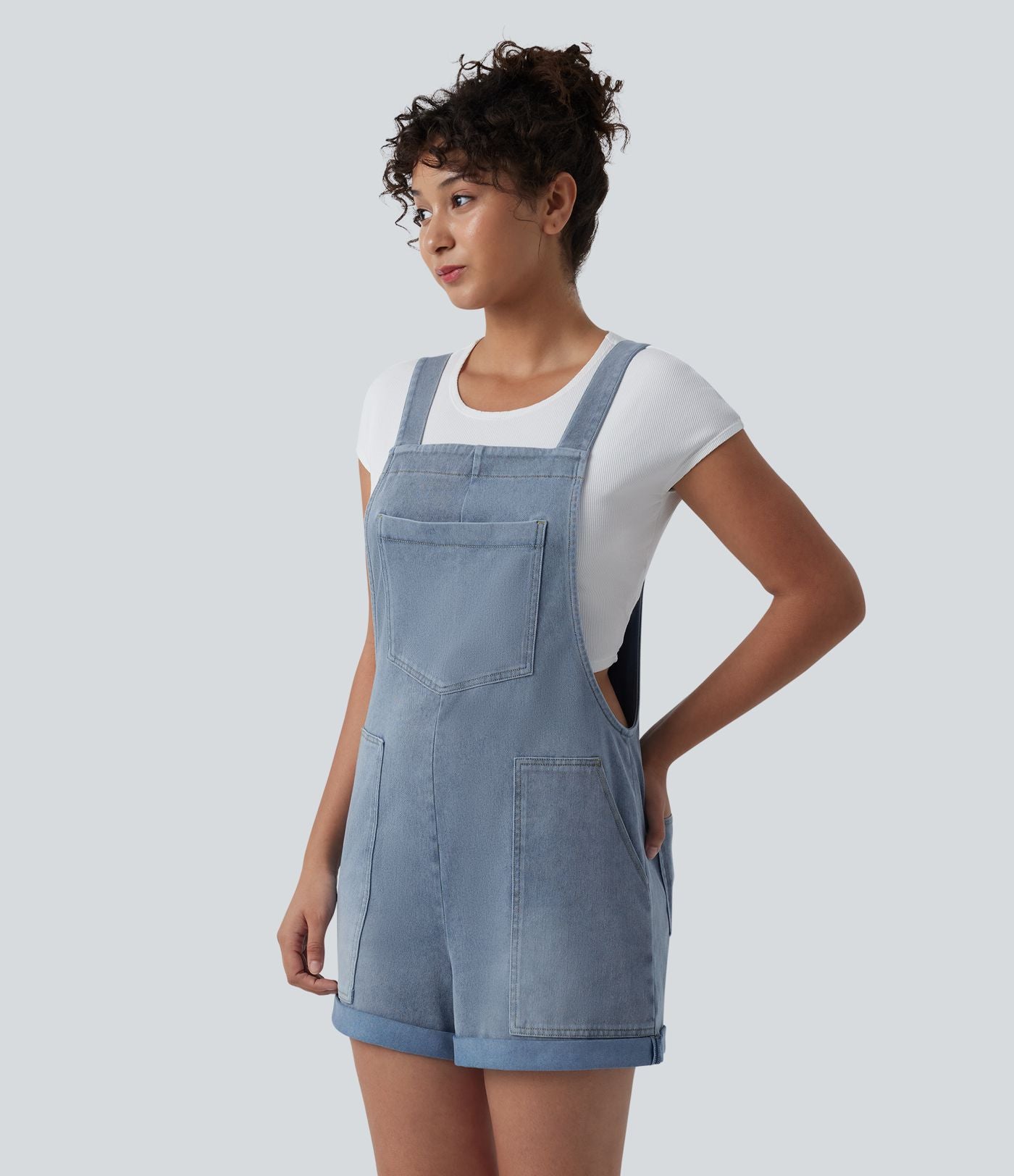 Halara Flex™ Salopette courte en denim encolure carrée ourlet retroussé avec poches
