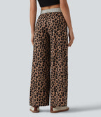 Pantalon ample taille haute rabattable en tissu gaufré imprimé léopard avec cordon de serrage et poches