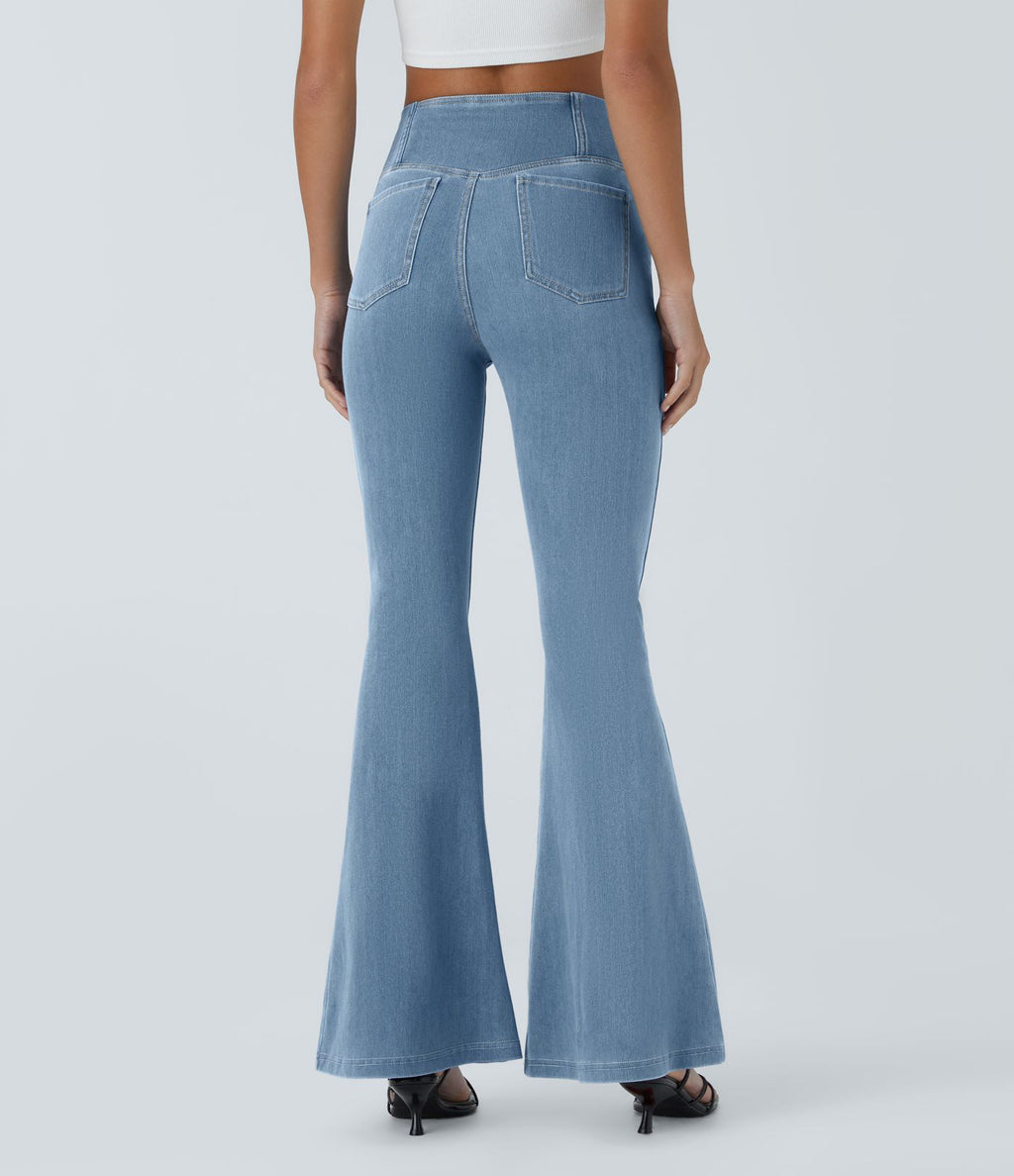 Halara Flex™ - Jean Ultra Evasé Tricot Extensible Lavé Poches Croisées Taille Haute