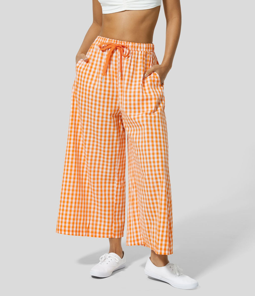 Pantalon en Coton Casual à Carreaux à Taille Haute avec Cordon de Serrage et Poches Latérales Amples