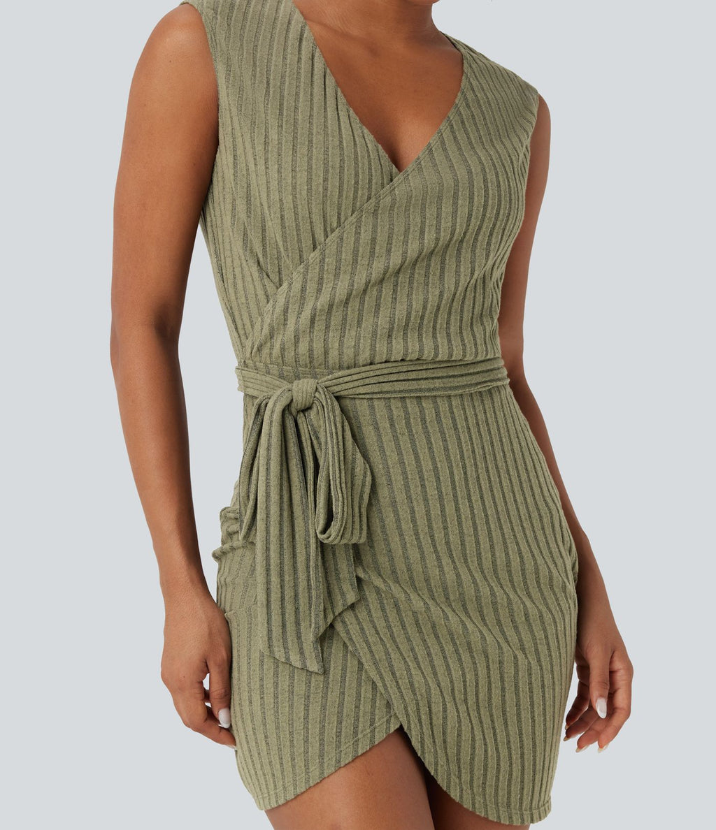 Robe courte moulante décontractée maille côtelée sans manches portefeuille avec ceinture