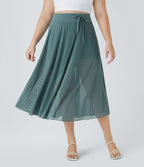 Jupe Taille Haute 2 En 1 En Maille Contrastée Avec Cordon De Serrage Et Poche Latérale Fluide Evasée Casual Grande Taille