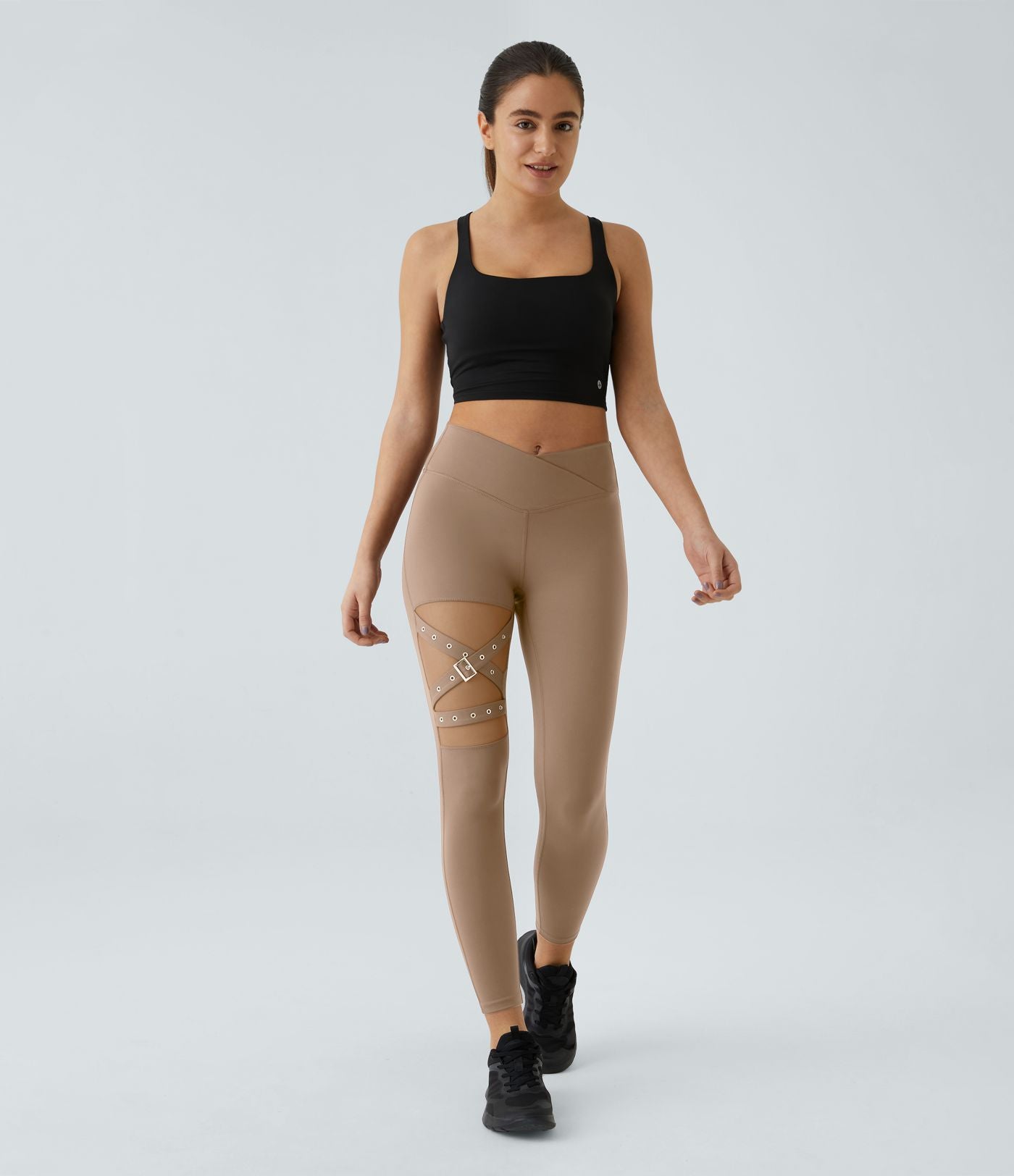 Legging yoga croisé taille haute avec mesh contrastant et boucle décorative DayStretch