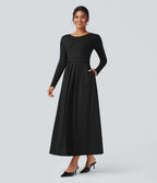 Robe longue décontractée évasée col rond plongeant manches longues avec poches