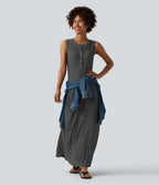Robe longue fluide casual Henley sans manches à rayures avec poches