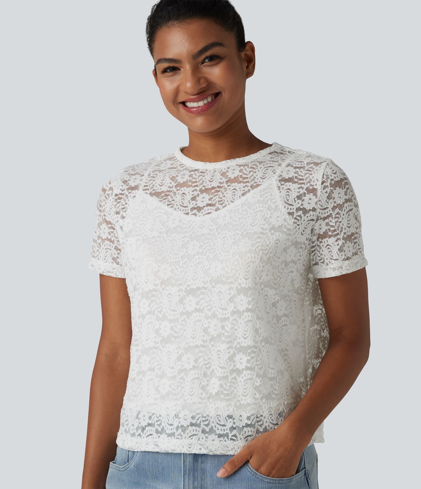 T-shirt casual 2-en-1 en dentelle col rond à manches courtes