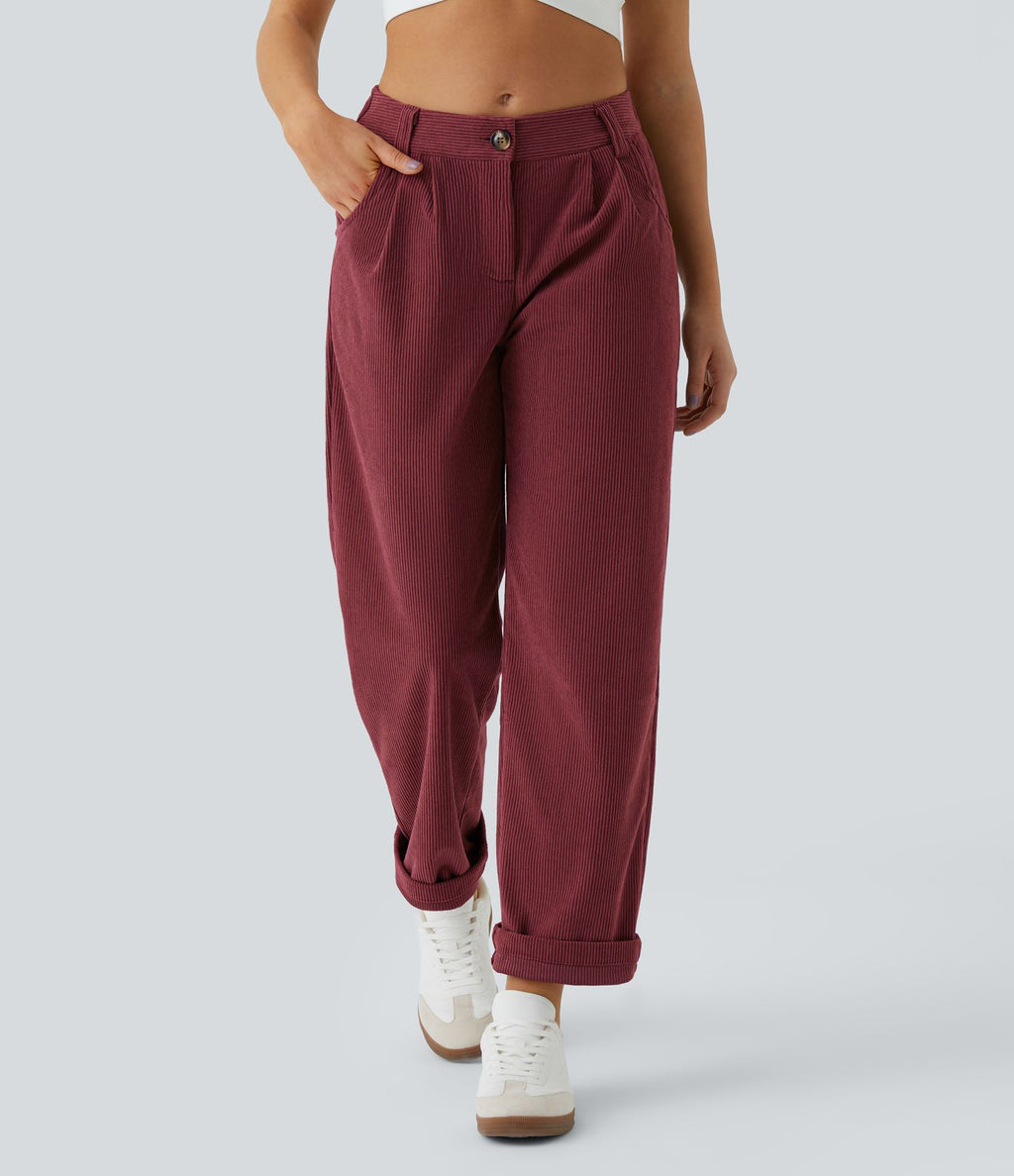Pantalon en velours côtelé décontracté taille moyenne avec poches latérales