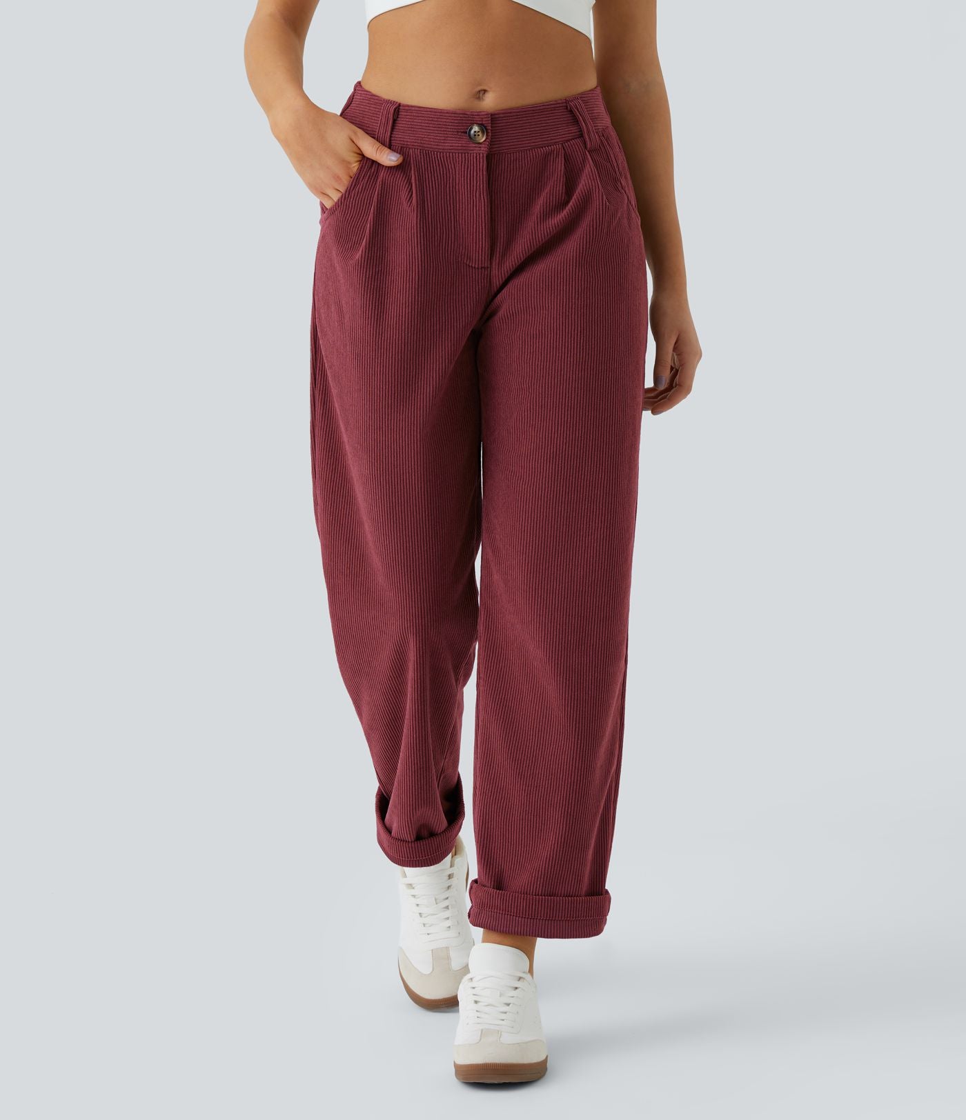 Pantalon en velours côtelé décontracté taille moyenne avec poches latérales