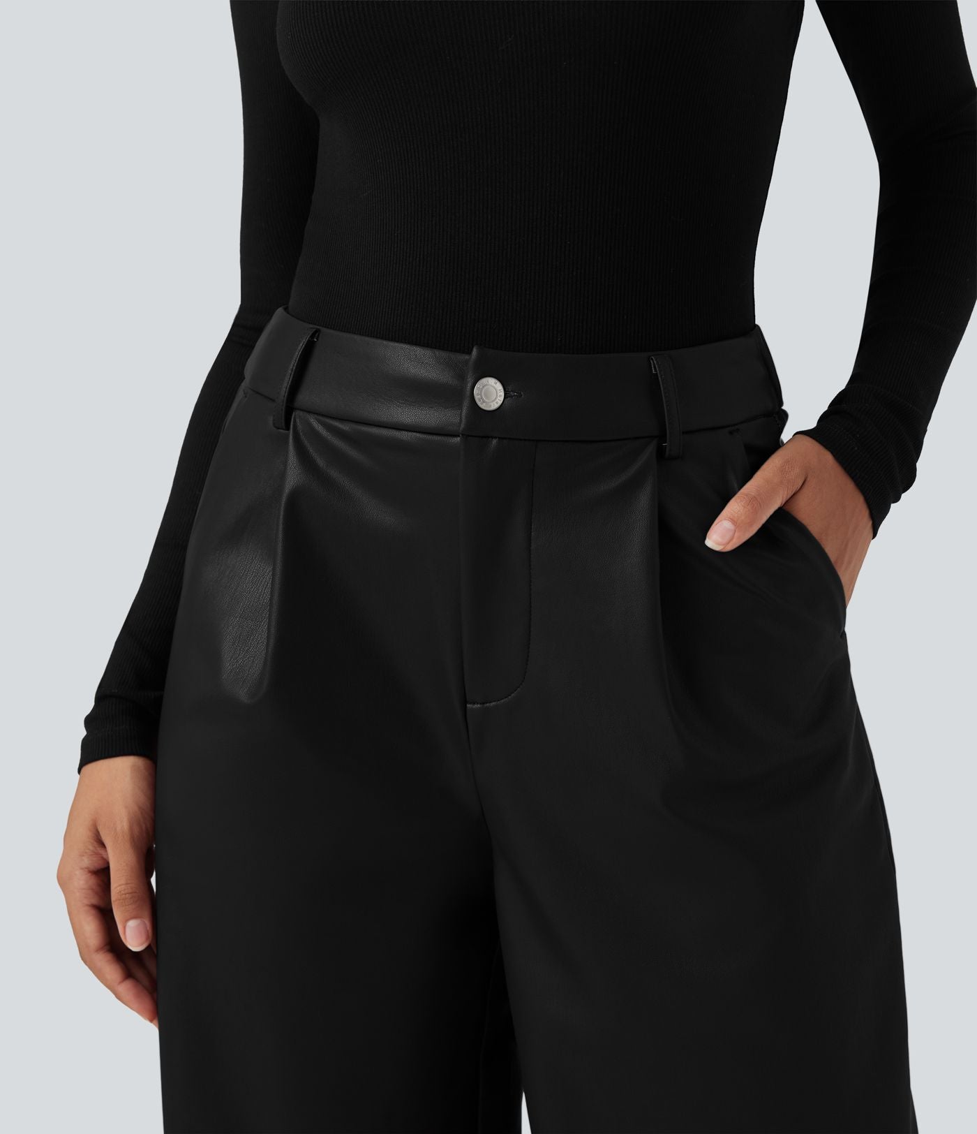 Pantalon large en tissu enduit molleton taille haute avec poches