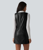 Robe de travail mini sans manches à col en V en polaire PU extensible avec poches