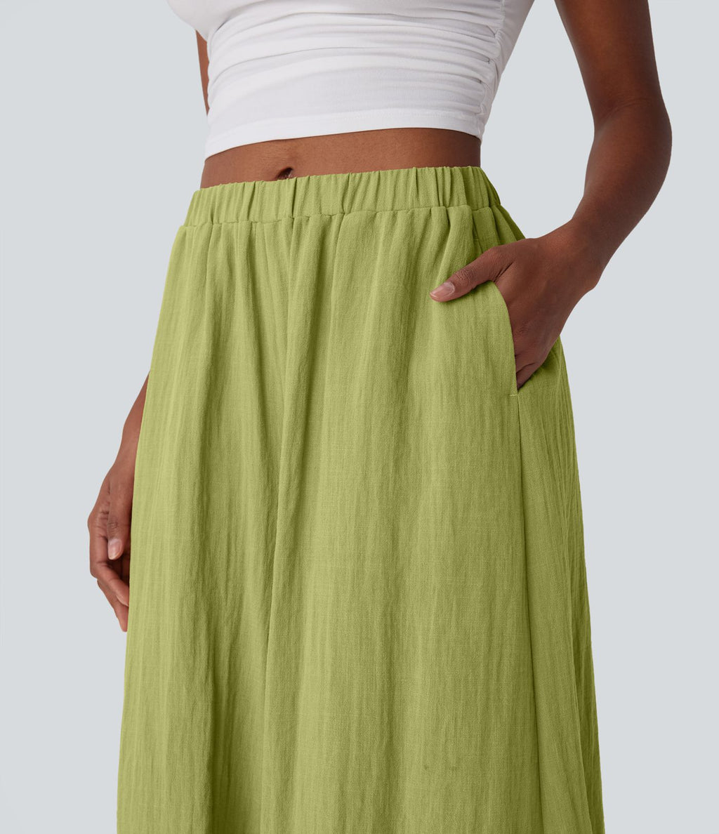 Pantalon fluide large taille mi-haute effet lin avec poche