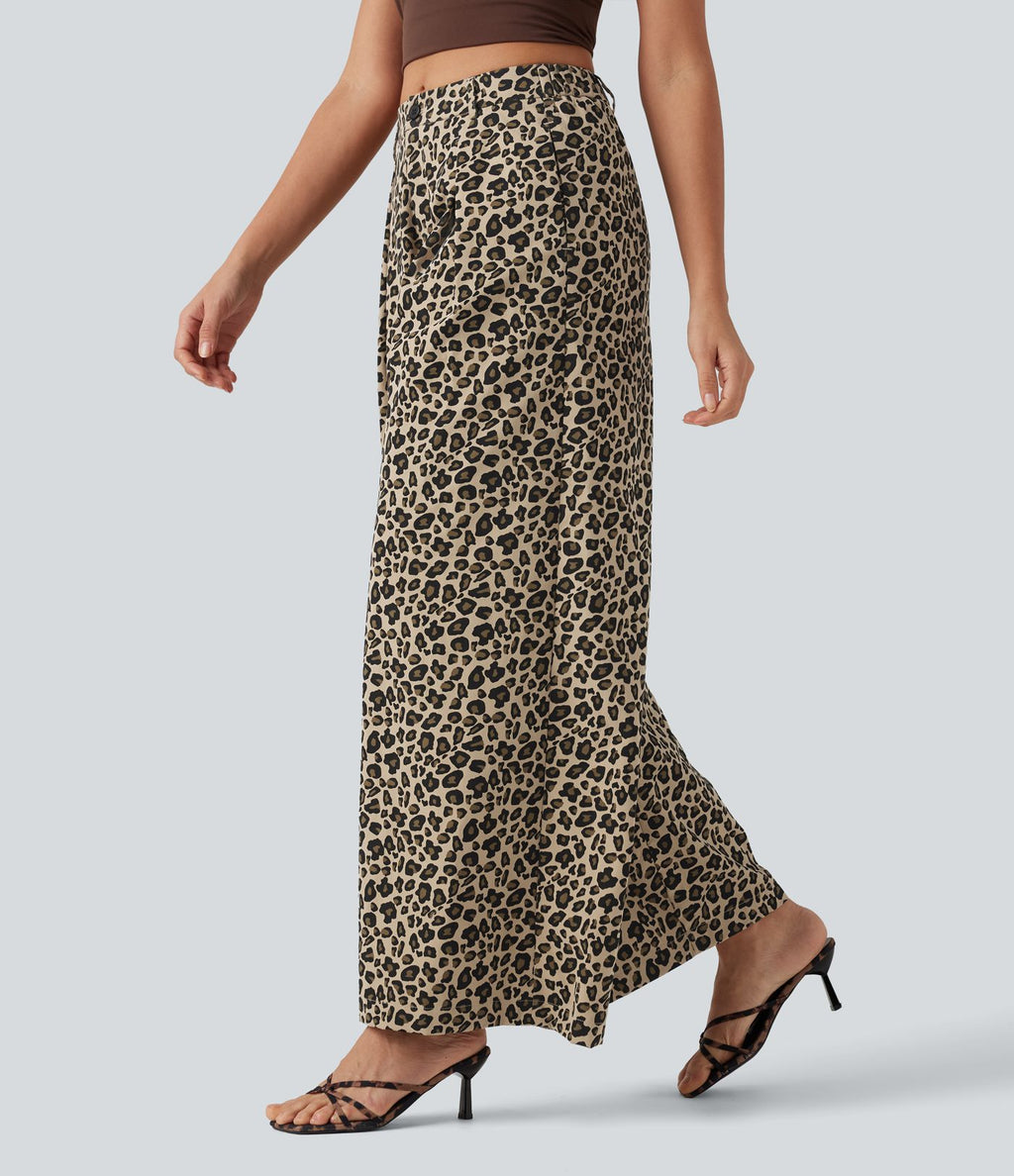 Pantalon large décontracté imprimé léopard taille mi-haute avec poches