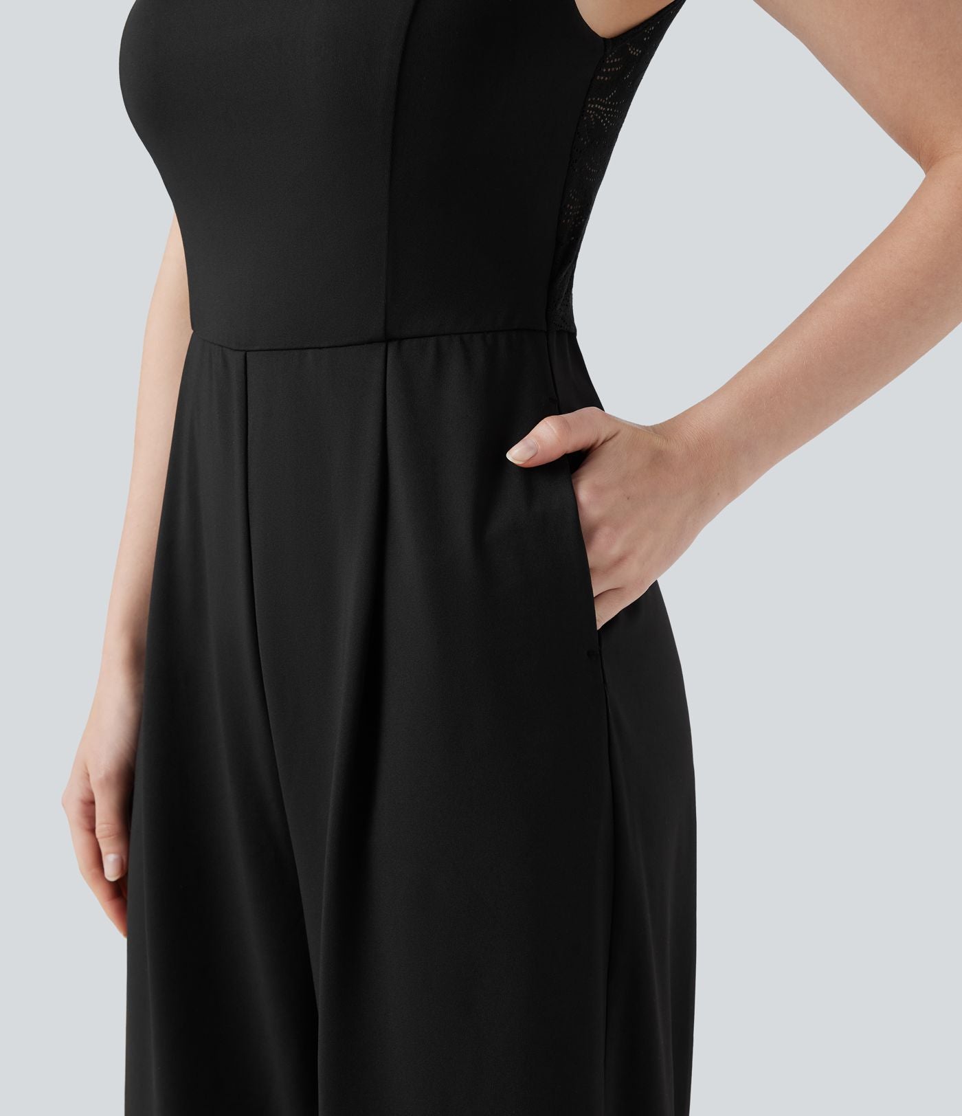Combinaison-pantalon de mariage et demoiselle d'honneur sans manches encolure carrée avec dentelle contrastée et poches - Easy Peasy