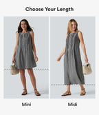 Robe courte sans manches col rond à carreaux aspect lin avec poches