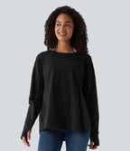 T-shirt casual en coton col bateau manches longues avec trous pour pouces et liens latéraux