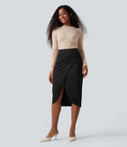 Jupe mi-longue décontractée suédine taille haute ourlet tulipe