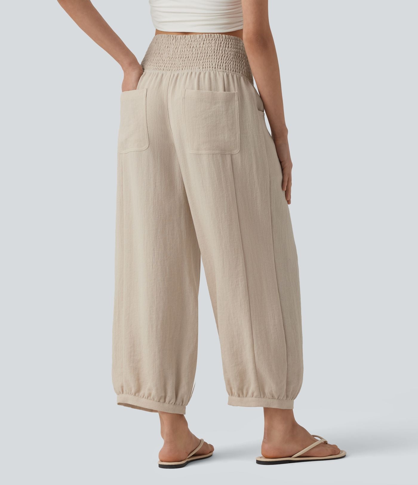 Pantalon casual bouffant aspect lin avec fronces taille haute et poches