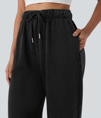 Pantalon jogging en coton molleton français délavé taille haute avec cordon de serrage et poches