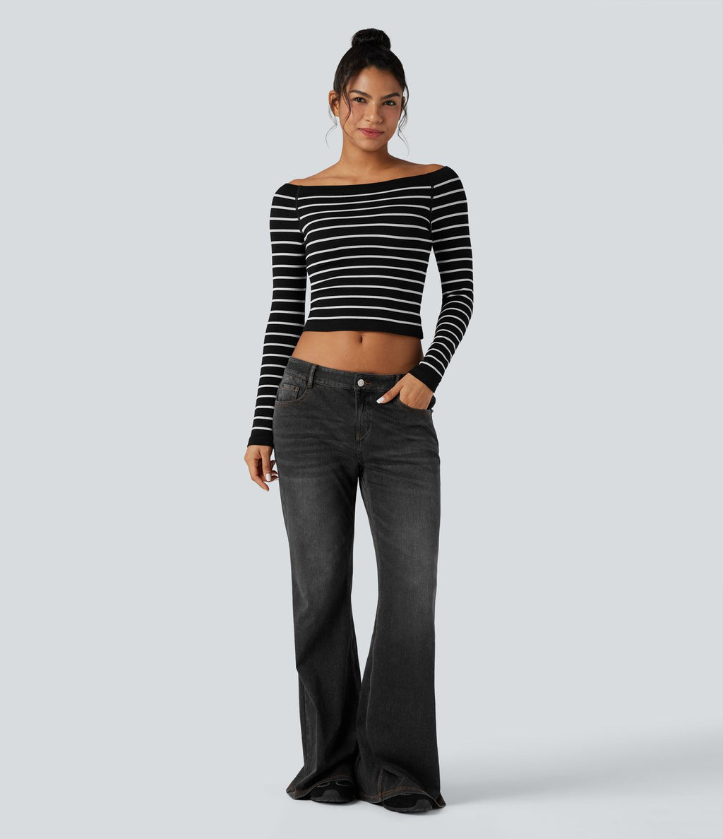 Haut de sport épaules dénudées manches raglan longues à rayures sans couture OneForm Seamless Flow