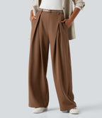 Pantalon tailleur large, taille haute, à poches