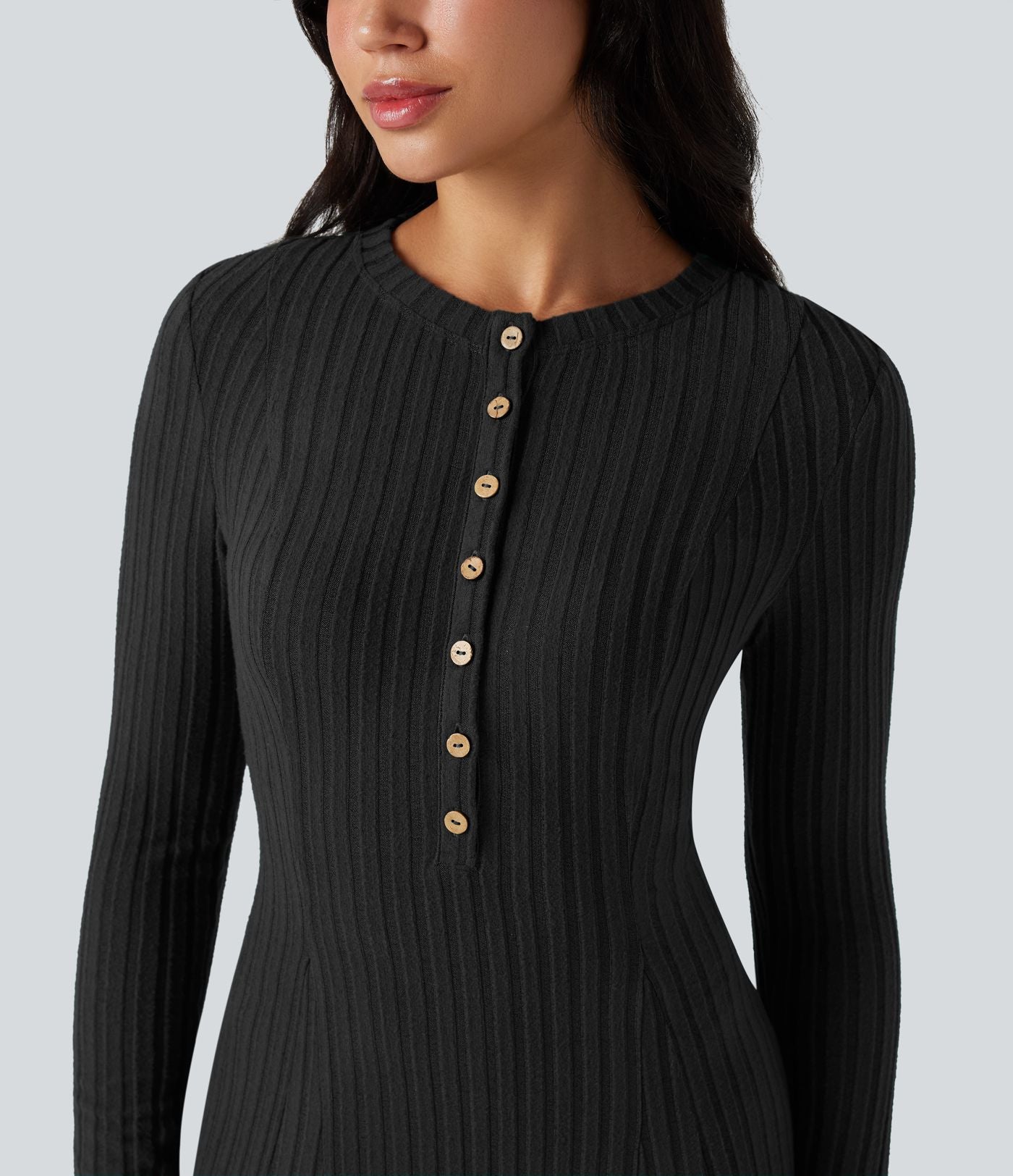 Robe longue fluide maille côtelée col henley manches longues