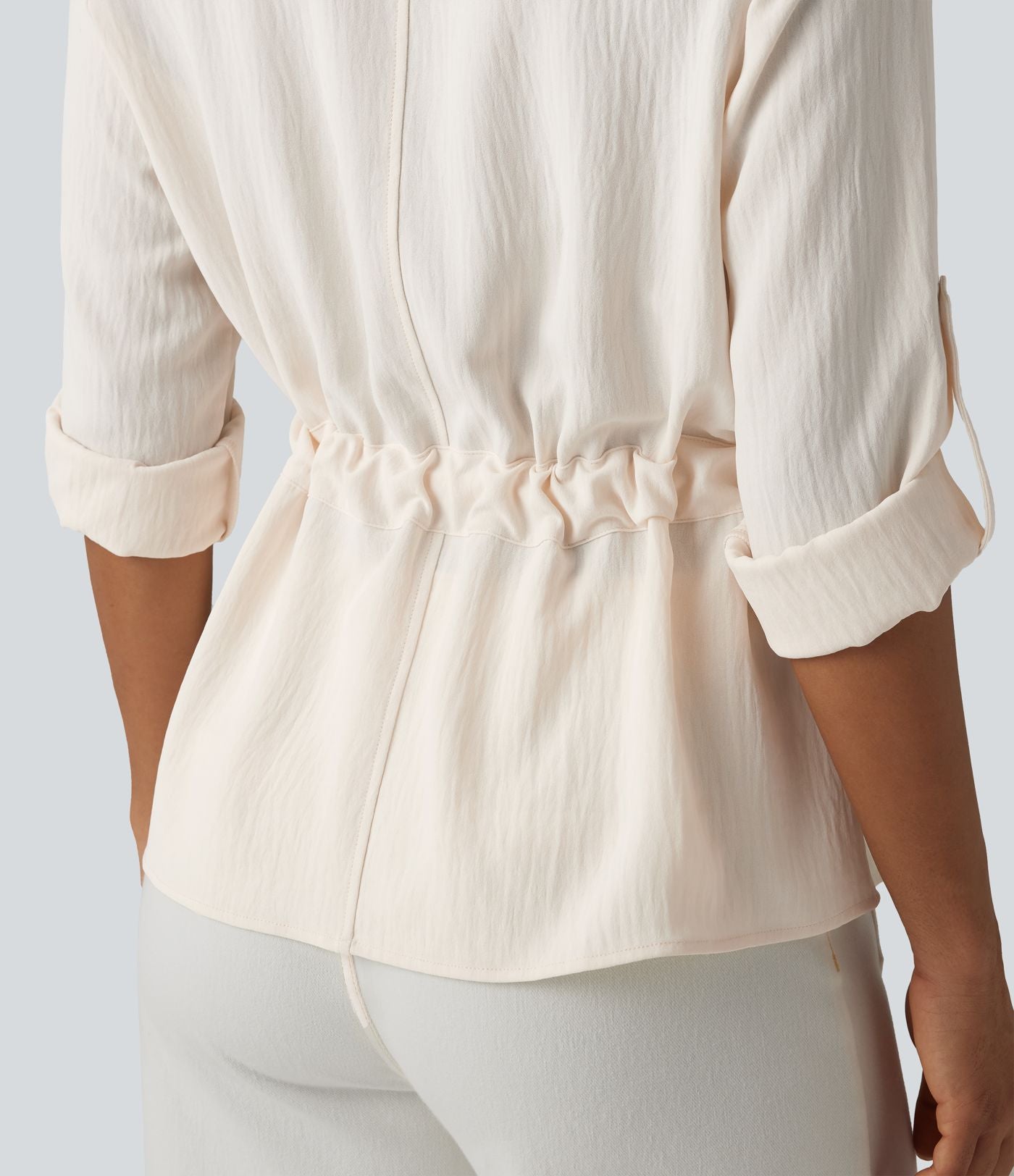 Chemise effet lin esprit bureau à revers, manches retroussées et lien à nouer