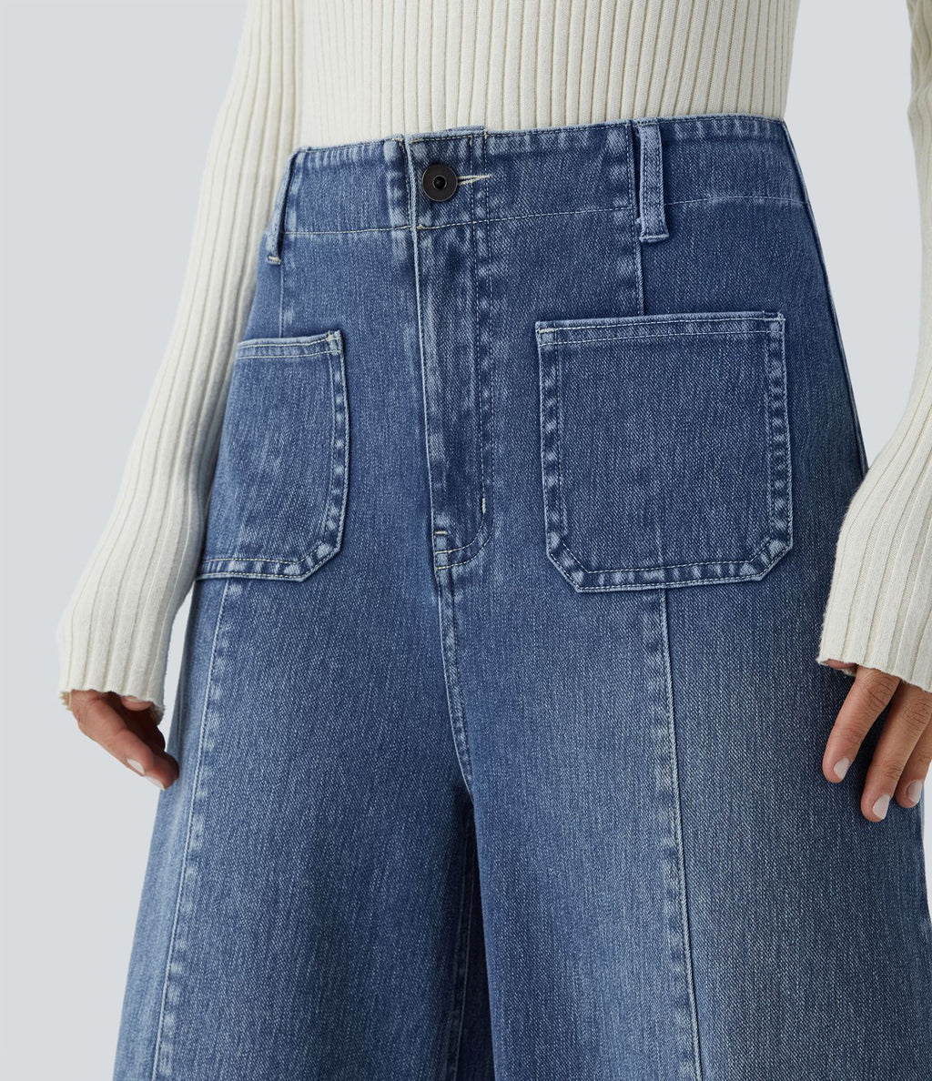 Halara Flex™ Jean large Palazzo et Taille Haute avec Poches Avant en Tricot Extensible Lavé