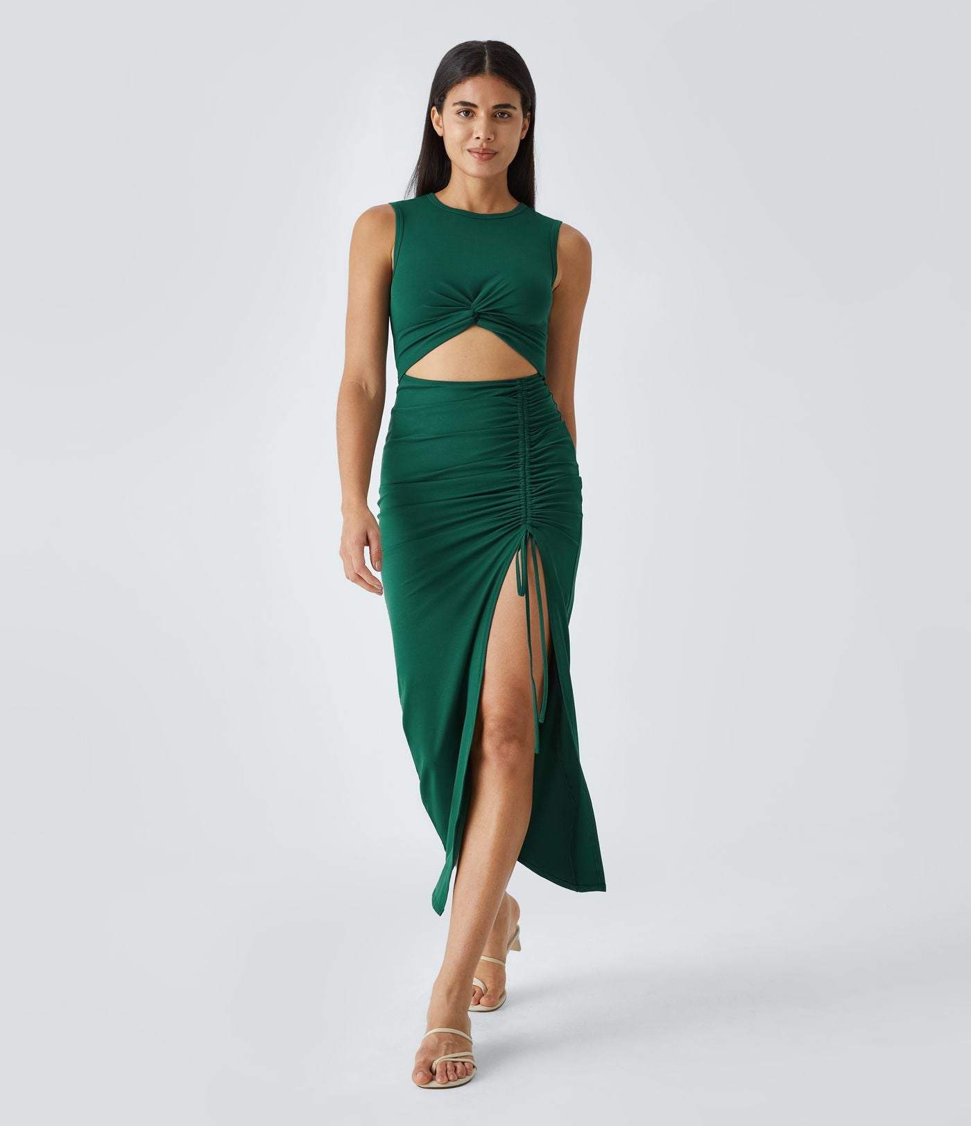 Robe Midi Casual Moulante  Ourlet Fendu Col Rond Découpes Torsadées Froncée Cordon Serrage