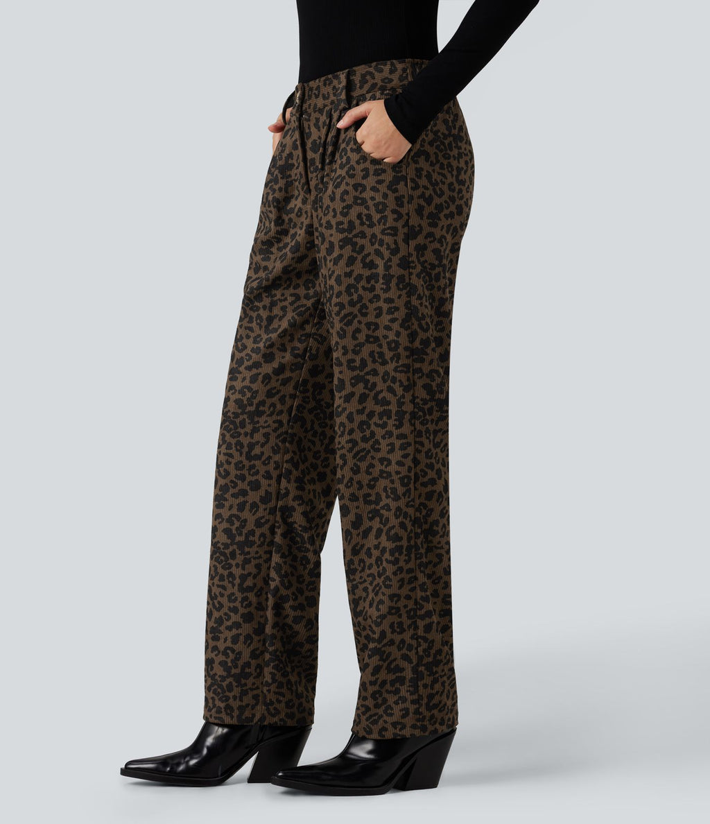 Pantalon velours côtelé imprimé léopard coupe droite taille mi-haute avec poches