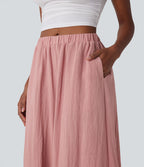 Pantalon fluide large taille mi-haute effet lin avec poche