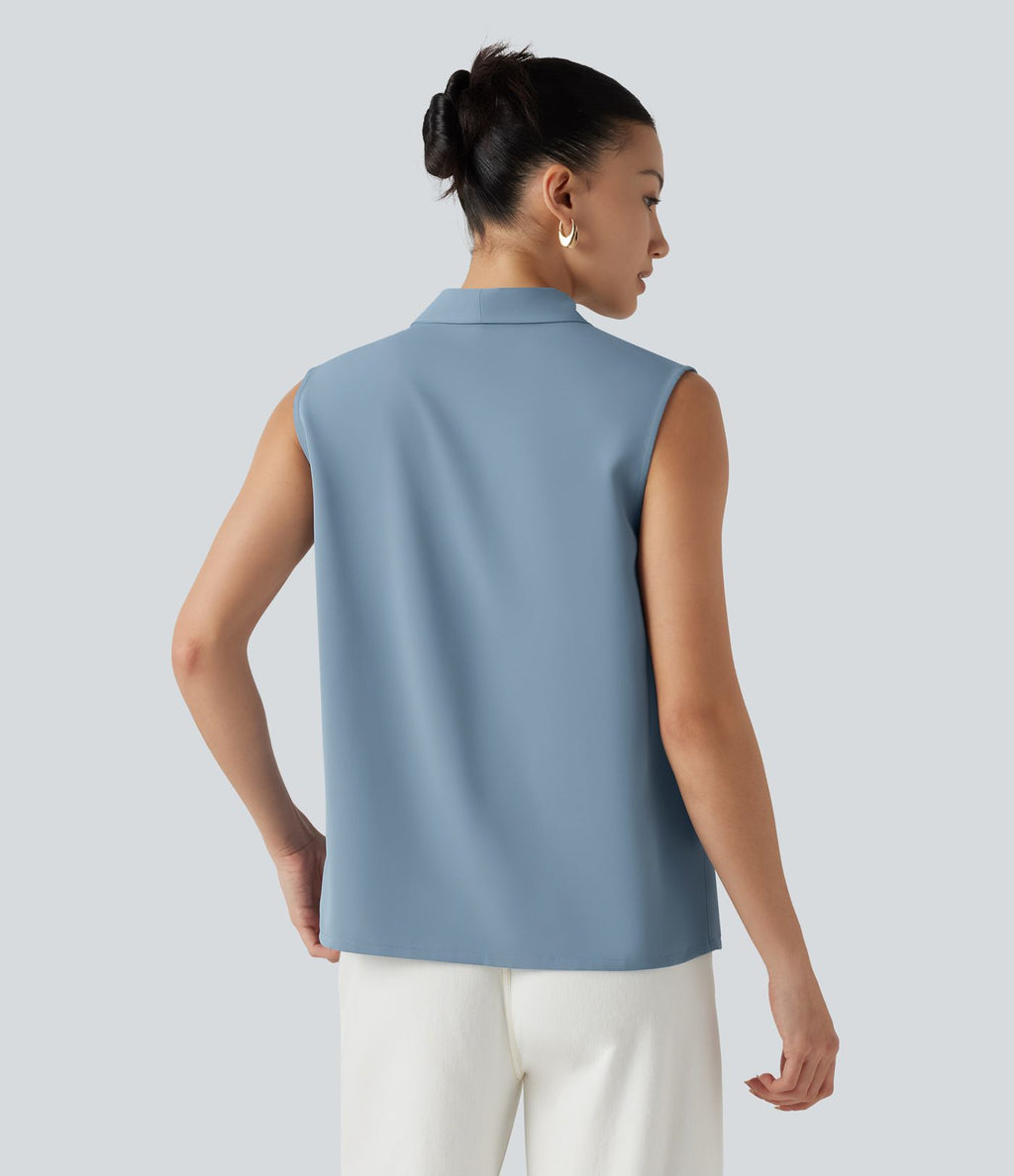 Blouse  sans manches esprit bureau défroissage facile, col V et lien à nouer