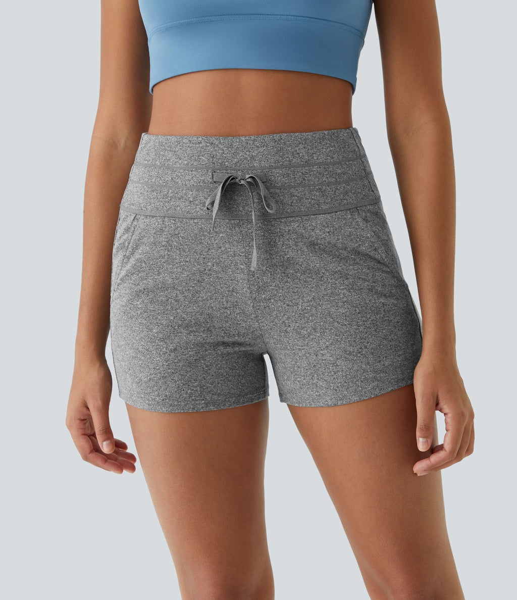 Short Yoga à Taille Haute avec Cordon de Serrage Poches Latérales et Ruches