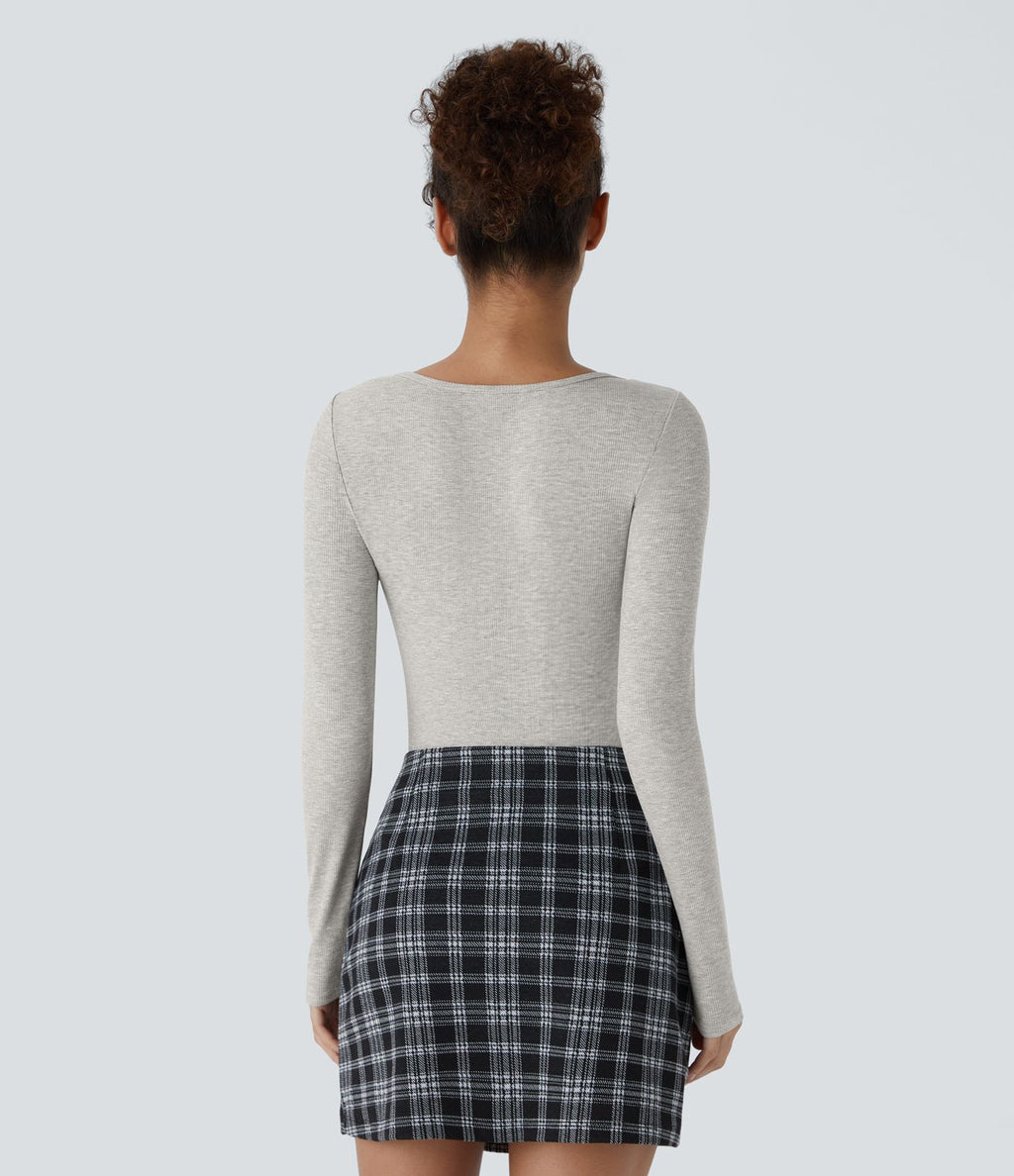 Bodysuit de Travail Tricot Côtelé Col Carré Manches Longues Boutonné Silhouette Élancée