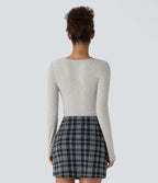 Bodysuit de Travail Tricot Côtelé Col Carré Manches Longues Boutonné Silhouette Élancée
