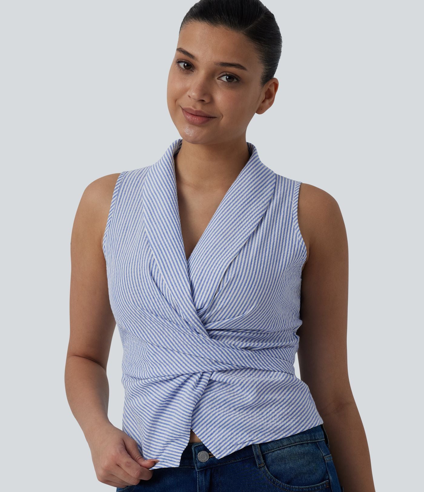Chemise décontractée à rayures, col V, sans manches, dos noué