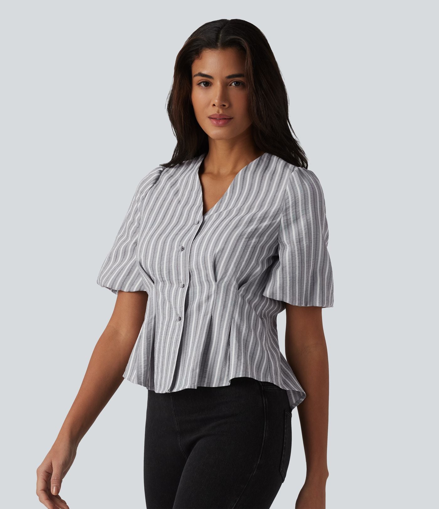 Blouse casual à rayures col V et manches bouffantes mi-longues