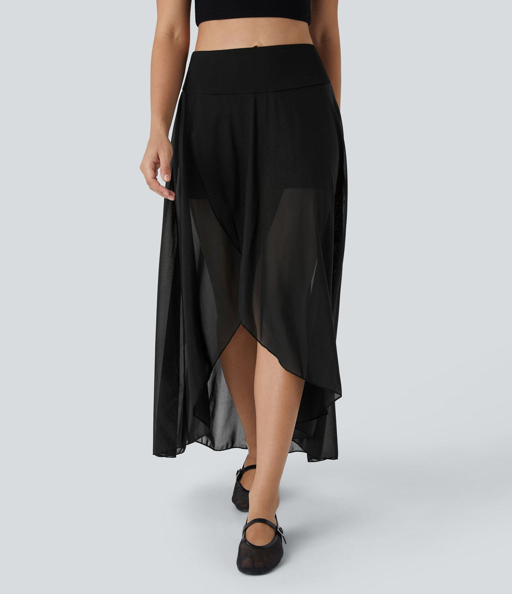 Jupe Longue Fluide Taille Haute à Volants 2 en 1 Poche Latérale Évasée en Mesh Casual Quotidien