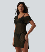 Robe de plage courte ajourée col V manches chauve-souris avec fente