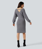 Robe pull mi-longue moulante fendue col V manches chauve-souris longues