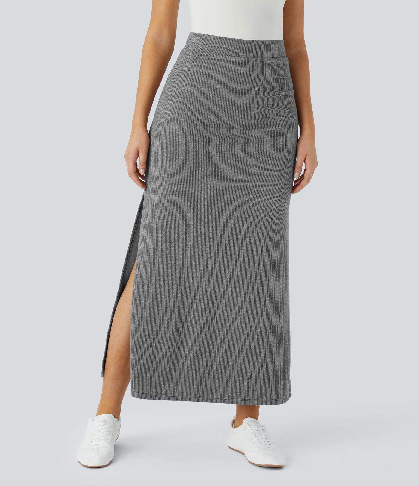 Jupe Casual Maxi à Taille Haute et Ourlet Fendu en A-Line en Côtes