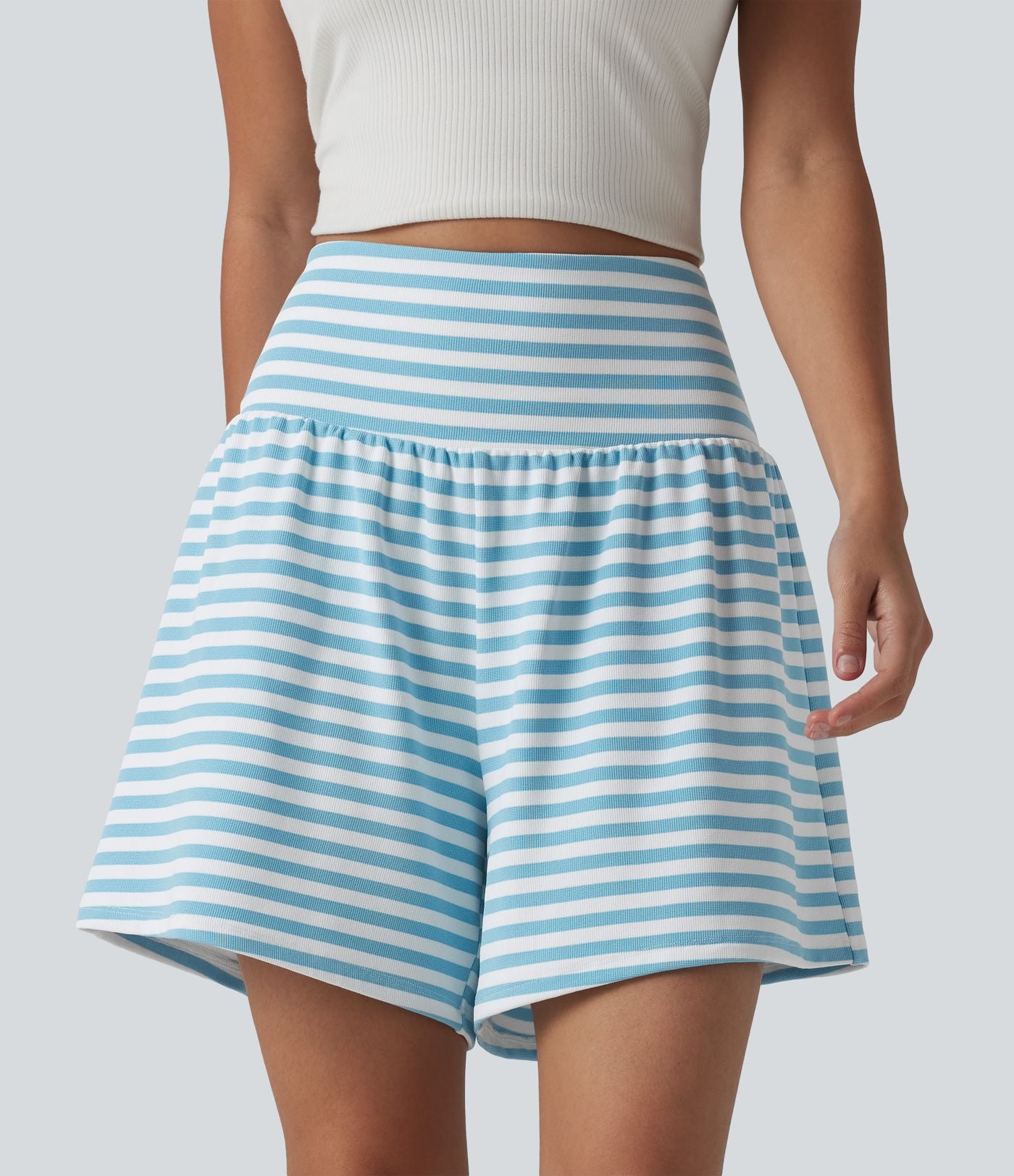 Short casual 2-en-1 à rayures en tissu gaufré taille haute 12,5 cm avec poches